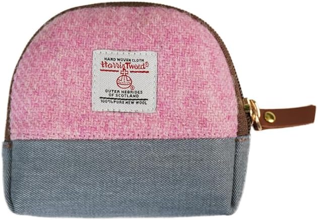 HOTHarris Tweed Women’s Small Coin Purse | Period Bag | Canvas & Wool Change Pouch with YKK Zipper (Blue pink)