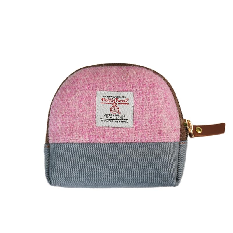HOTHarris Tweed Women’s Small Coin Purse | Period Bag | Canvas & Wool Change Pouch with YKK Zipper (Blue pink)