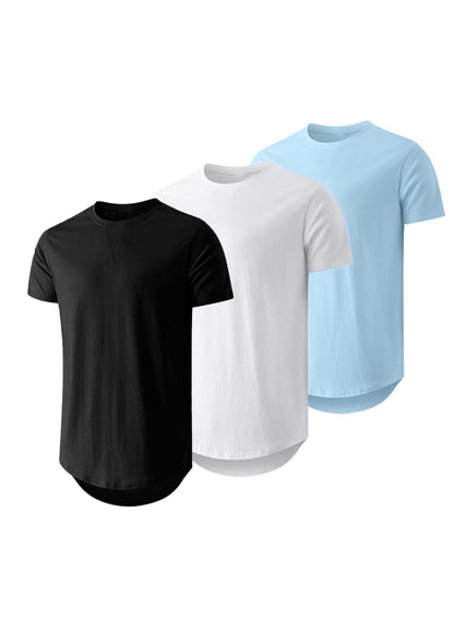 HOTJMIERR Mens 3 Pack Cotton Hipster Hip Hop Longline Crewneck T-Shirt