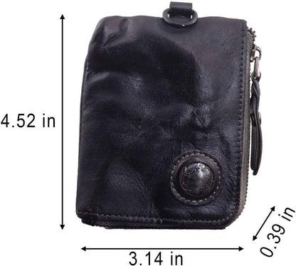 HOTMedieval Pouch, Mini Genuine Leather Coin Pouch Genuine Cowhide Handcrafted Keychain Coin Organizer Zipper Coin Pouch with Card Slot Credit Card Holder Keychain Coin Purse (Black)