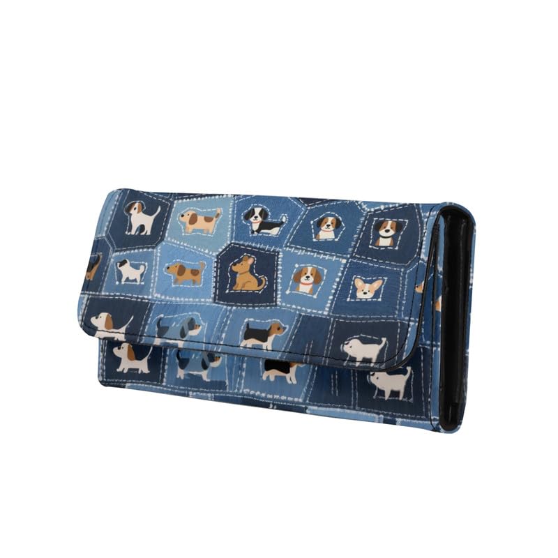 HOTNovelty Jeans Print Womens Wallets Leather Clutch, Vintage Denim Block Patch Design Long Wallet for Women Blue Credit Card Holder with Coin Purse ID Window