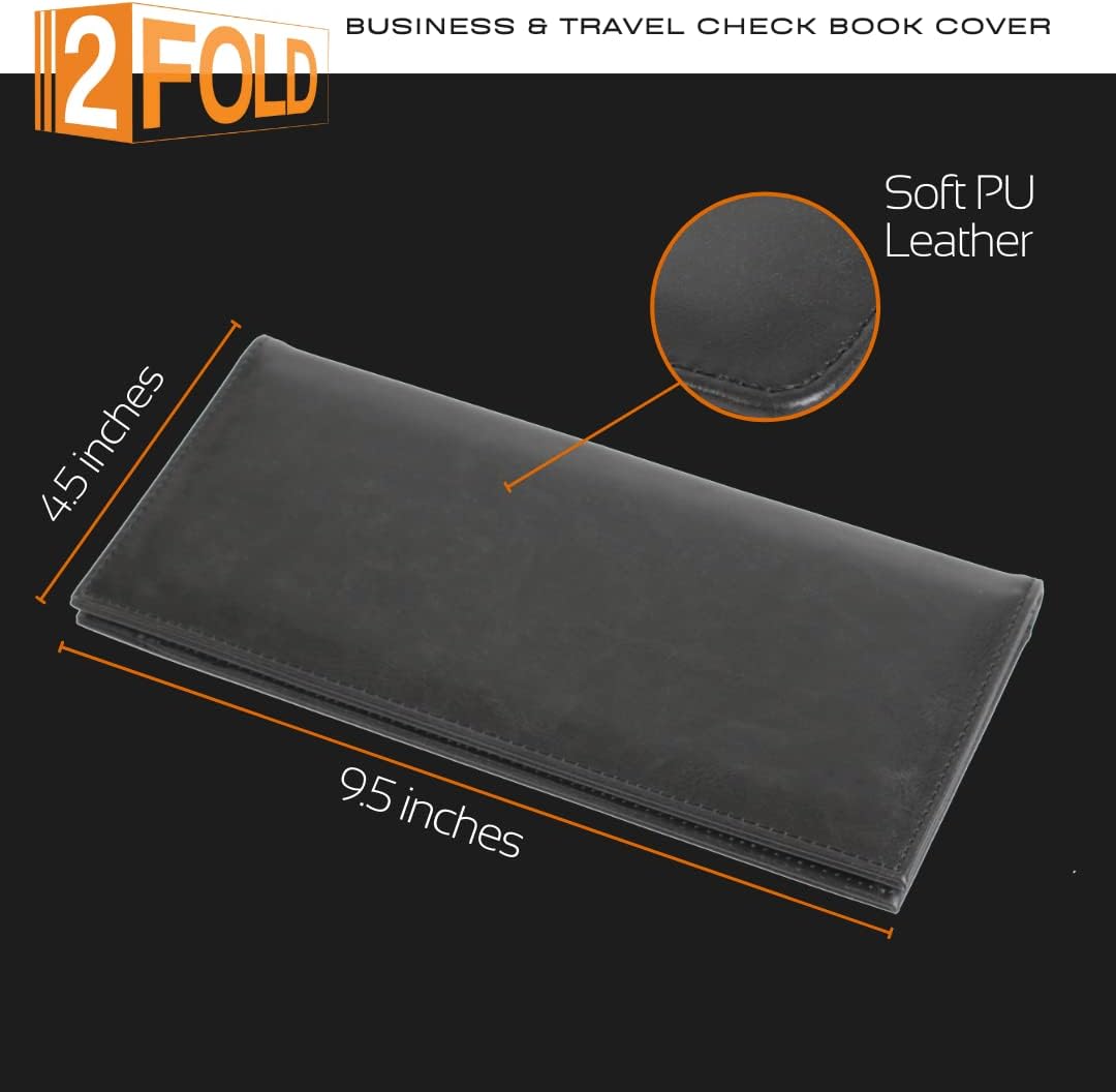 HOT2Fold Business Size and Travelers Check Large Checkbook Cover for Side and Top Tear Checks - Synthetic Leather Feel Check Book Cover with Built in Duplicate Check Sleeve and Pockets - Black
