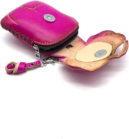 HOTHandmade Vintage Genuine Leather 3D Animal Elephant Coin Purse With Removable Wrist Strap (Dark Pink)