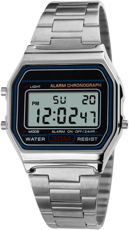 HOTPASOY Men's Digital Gold Stainless Steel Watch Backlit Multifunction Stopwatch Waterproof Sport Watches