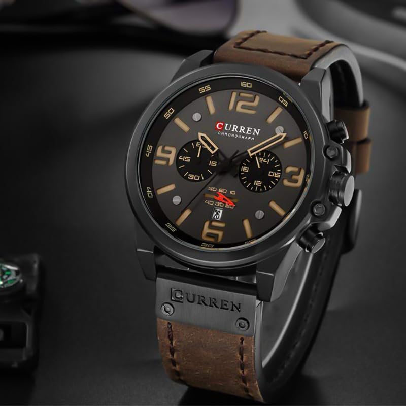 HOTFANMIS Mens Sport Military Analog Quartz Watch Classic Chronograph Sandwich Dial Business Dress Waterproof Watch Multifunctional Wristwatch with Leather Strap