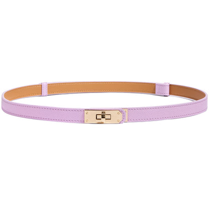 HOTWomen’s Skinny Leather Belt with Gold or Silver Turn-Lock Buckle – Adjustable Thin Belt for Dresses, Office & Wedding