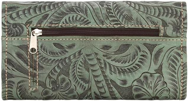 HOTAmerican West Hand Tooled Handcrafted 100% Genuine Leather Tri-Fold Wallet for Women Credit Card Slots Cash Pocket and Clear ID Holder Saddle Ridge Collection Western (Light Turquoise)