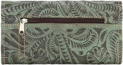 HOTAmerican West Hand Tooled Handcrafted 100% Genuine Leather Tri-Fold Wallet for Women Credit Card Slots Cash Pocket and Clear ID Holder Saddle Ridge Collection Western (Light Turquoise)