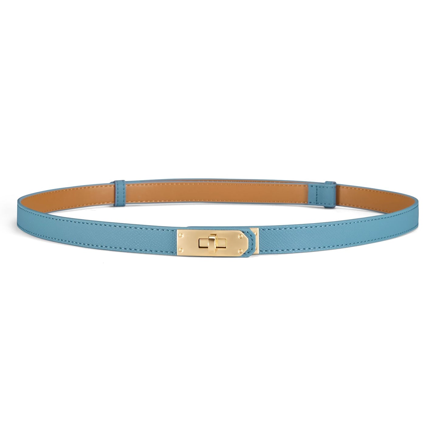 HOTWomen’s Skinny Leather Belt with Gold or Silver Turn-Lock Buckle – Adjustable Thin Belt for Dresses, Office & Wedding