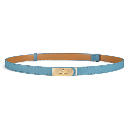 HOTWomen’s Skinny Leather Belt with Gold or Silver Turn-Lock Buckle – Adjustable Thin Belt for Dresses, Office & Wedding