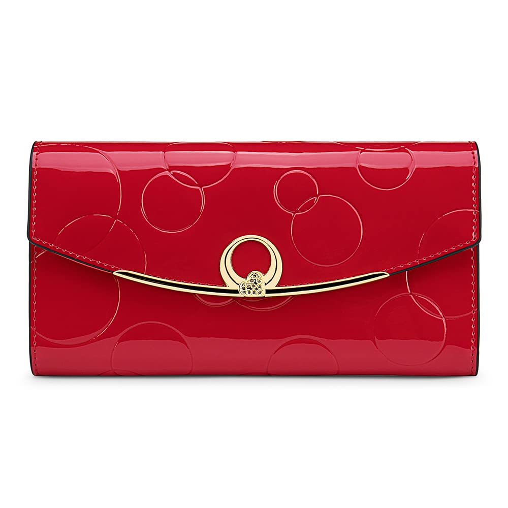 HOTWallet Women's Genuine Leather Long Three Fold Wallet Bright Leather Large Capacity Buckle, Circled Embossed Pattern, RFID and Magnetic Anti Theft (Wine Red)