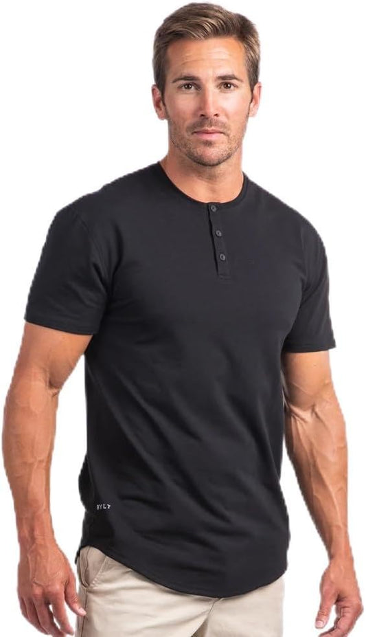 HOTBYLT Drop-Cut Henley Shirts for Men, 3-Button Closure, Short Sleeve, Casual T-Shirt, Soft & Breathable, Wrinkle Resistant
