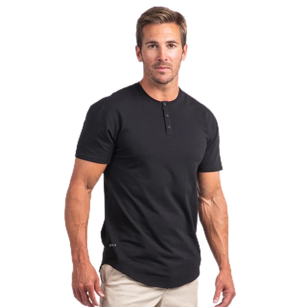 HOTBYLT Drop-Cut Henley Shirts for Men, 3-Button Closure, Short Sleeve, Casual T-Shirt, Soft & Breathable, Wrinkle Resistant