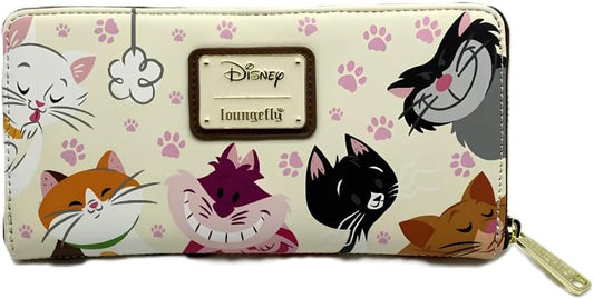 HOTLoungefly Disney Aristocats Alice in Wonderland Cats Zip Around Wallet Womens Cat Pawprint Faux Leather