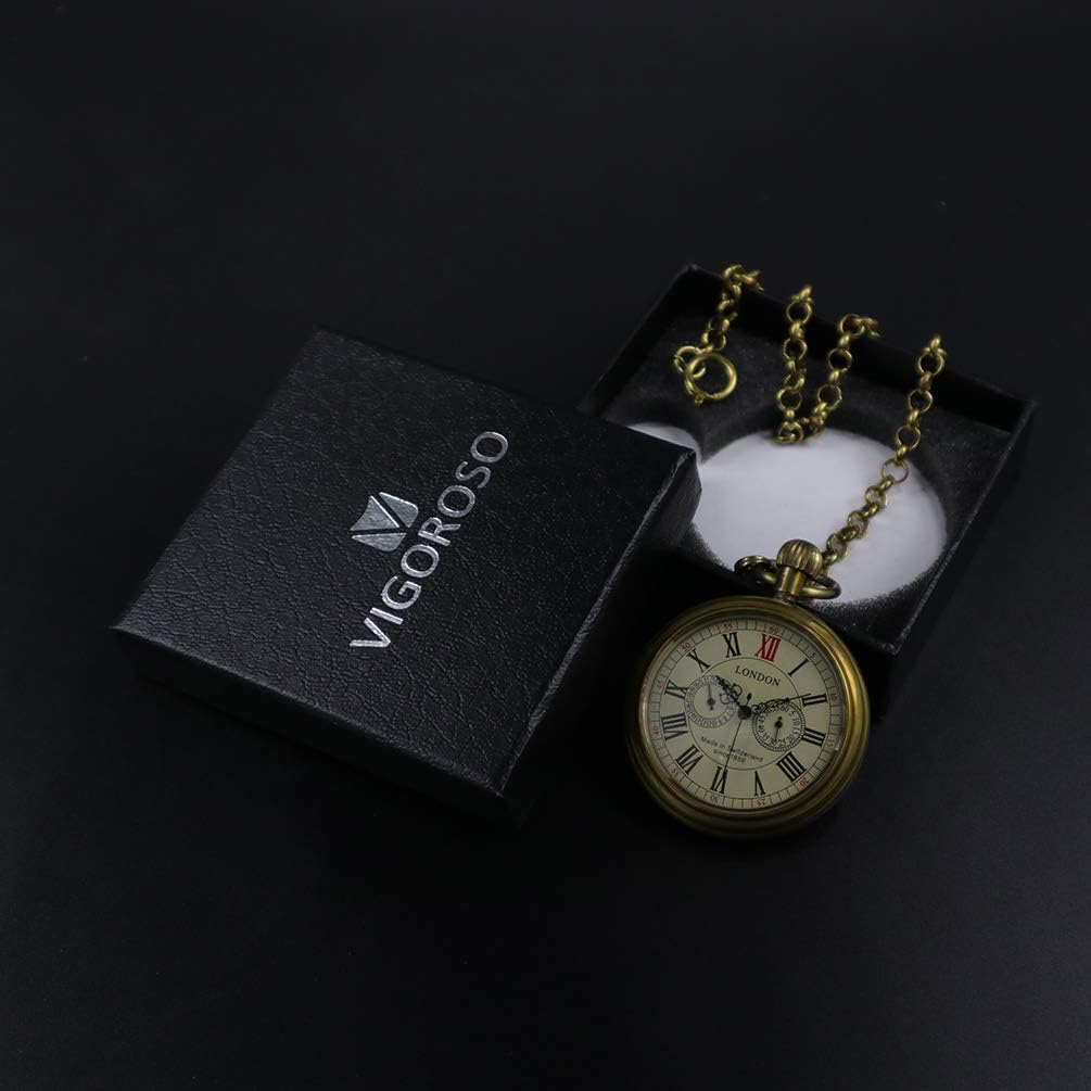 HOTVIGOROSO Men's Vintage Full Copper Hand-Wind Mechanical Second&24hours Sub-dials Pocket Watch in Box