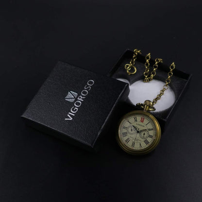 HOTVIGOROSO Men's Vintage Full Copper Hand-Wind Mechanical Second&24hours Sub-dials Pocket Watch in Box