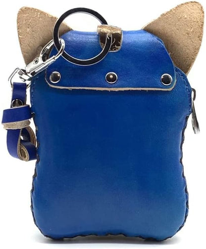 HOTHandmade Leather 3D Cat Coin Purse With Removable Wrist Strap (Blue)