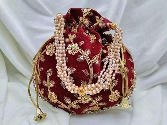 HOTIGH India Gift Hub Indian Handmade Women's Velvet Embroidered Potli Purse Bag Pouch Drawstring Bag | Indian Potli Handbag