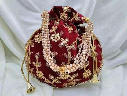 HOTIGH India Gift Hub Indian Handmade Women's Velvet Embroidered Potli Purse Bag Pouch Drawstring Bag | Indian Potli Handbag