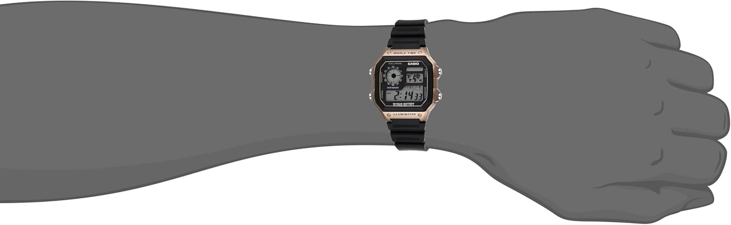HOTCasio AE1200WH Series | Men’s Digital Watch | 100M WR | Multi Alarms | 100 SEC Stopwatch | Countdown Timer | World Map for World Time | LED Light | LC Analog Display | 10 Year Battery