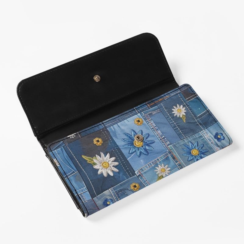 HOTNovelty Jeans Print Womens Wallets Leather Clutch, Vintage Denim Block Patch Design Long Wallet for Women Blue Credit Card Holder with Coin Purse ID Window
