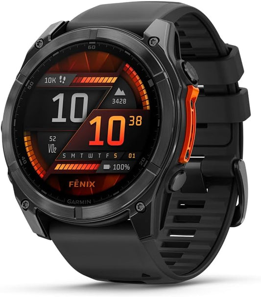 HOTGarmin fēnix® 8 – 51 mm, AMOLED, Premium Multisport GPS Smartwatch, Long-Lasting Battery Life, Dive-Rated, Built-in LED Flashlight, Slate Gray with Black Band | Built-in LED Flashlight, Dive-Rated to 40 M, Slate Gray Case with Black Silicone Band