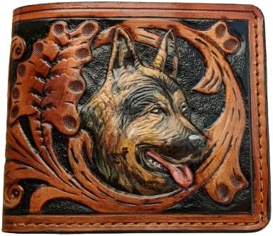 HOTGerman Shepherd, Dog, Puppy, Flower, Men's 3D Genuine Leather Wallet, Handmade wallet, Carved wallet, Tooled wallet, Airbrush Art, Bifold wallet, Custom wallet, Personalized wallet, A(5)