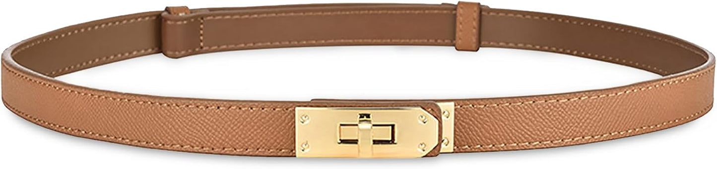 HOTANHAISHUILV Women's Skinny Leather Belt with Adjustable Golden Turn-Lock Buckle - Ideal for Dresses, Jeans, and Coats