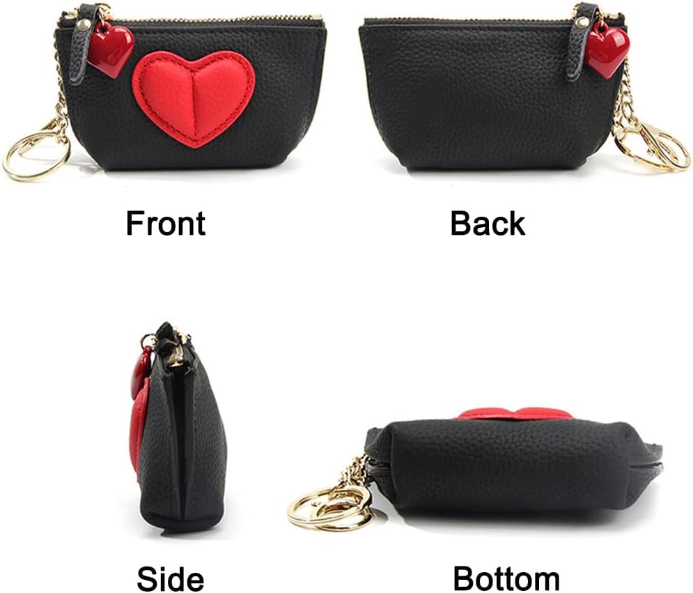 HOTRejolly Coin Pouch Purse for Women Girls Real Leather Mini Change Wallet With Keychain Key Ring Cute Heart Attachment for Purse Cream White