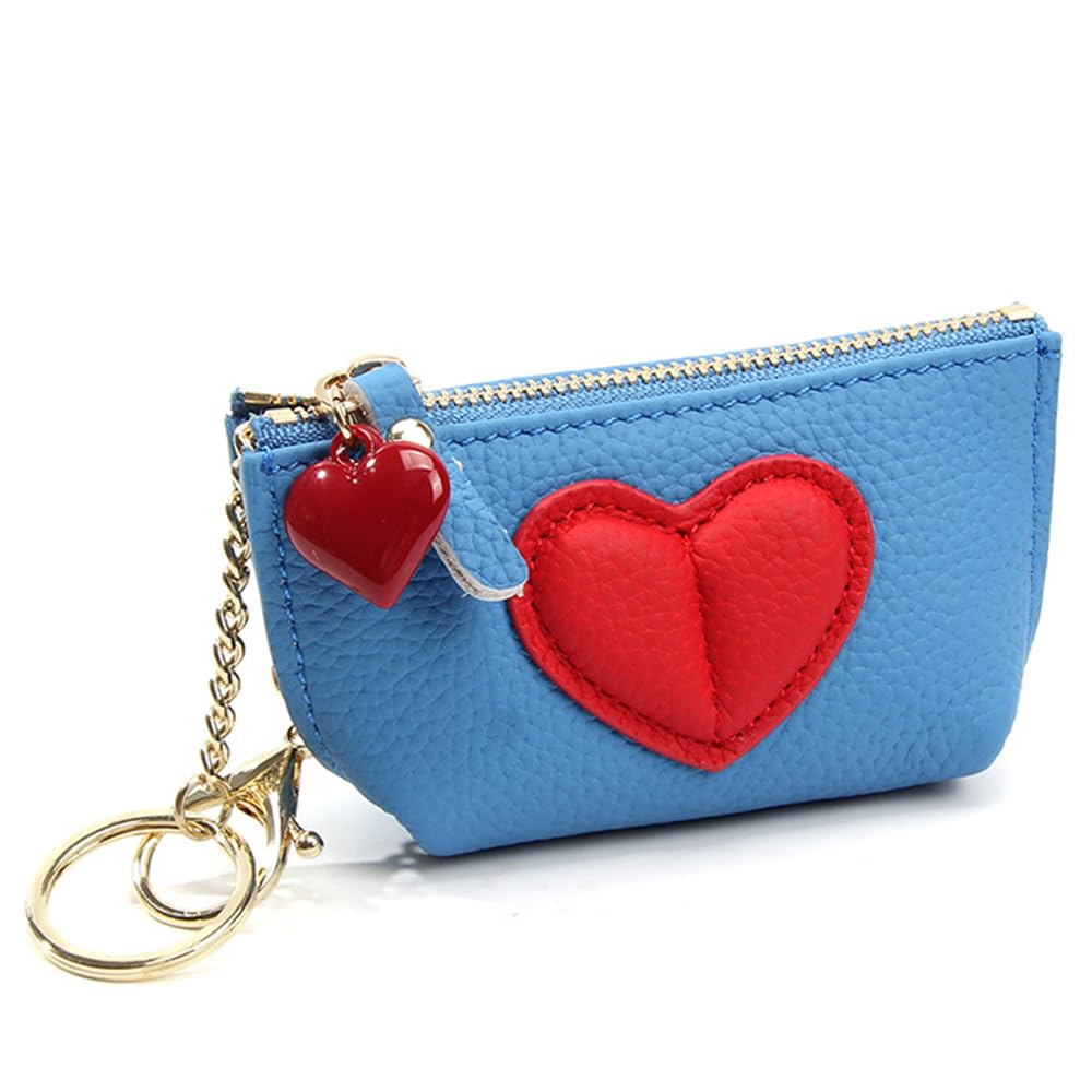 HOTRejolly Coin Pouch Purse for Women Girls Real Leather Mini Change Wallet With Keychain Key Ring Cute Heart Attachment for Purse Cream White