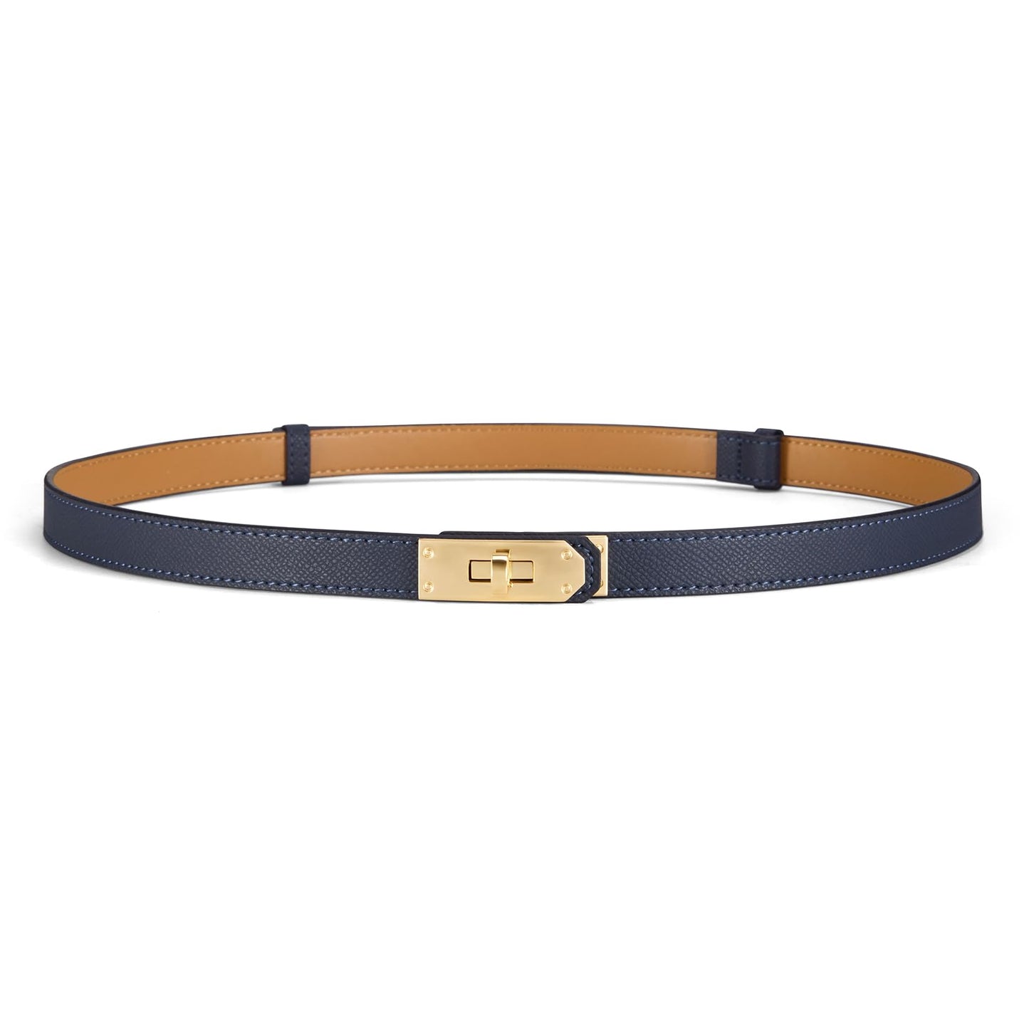 HOTWomen’s Skinny Leather Belt with Gold or Silver Turn-Lock Buckle – Adjustable Thin Belt for Dresses, Office & Wedding