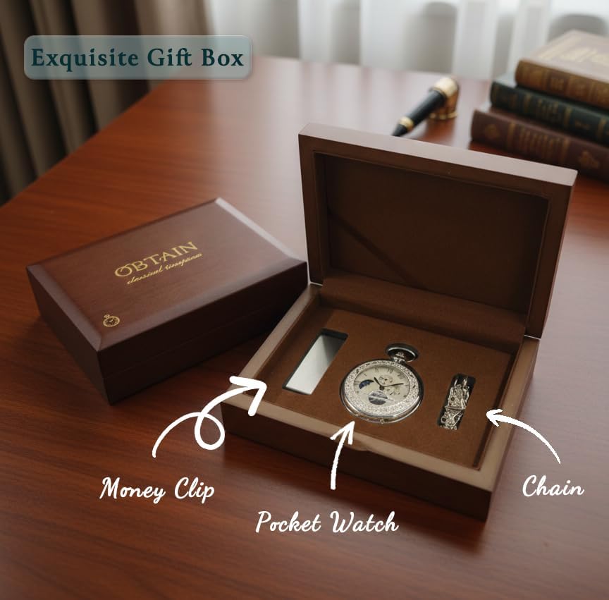 HOTOBTAIN Vintage Mechanical Pocket Watch - Exquisite Double-Sided Floral Engraved Case, Single Hunter Skeleton Design, Antique Silver Hand-Winding Watch with 25cm Chain, Gift Box for Men