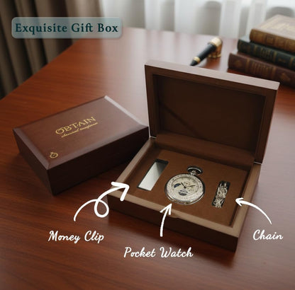 HOTOBTAIN Vintage Mechanical Pocket Watch - Exquisite Double-Sided Floral Engraved Case, Single Hunter Skeleton Design, Antique Silver Hand-Winding Watch with 25cm Chain, Gift Box for Men