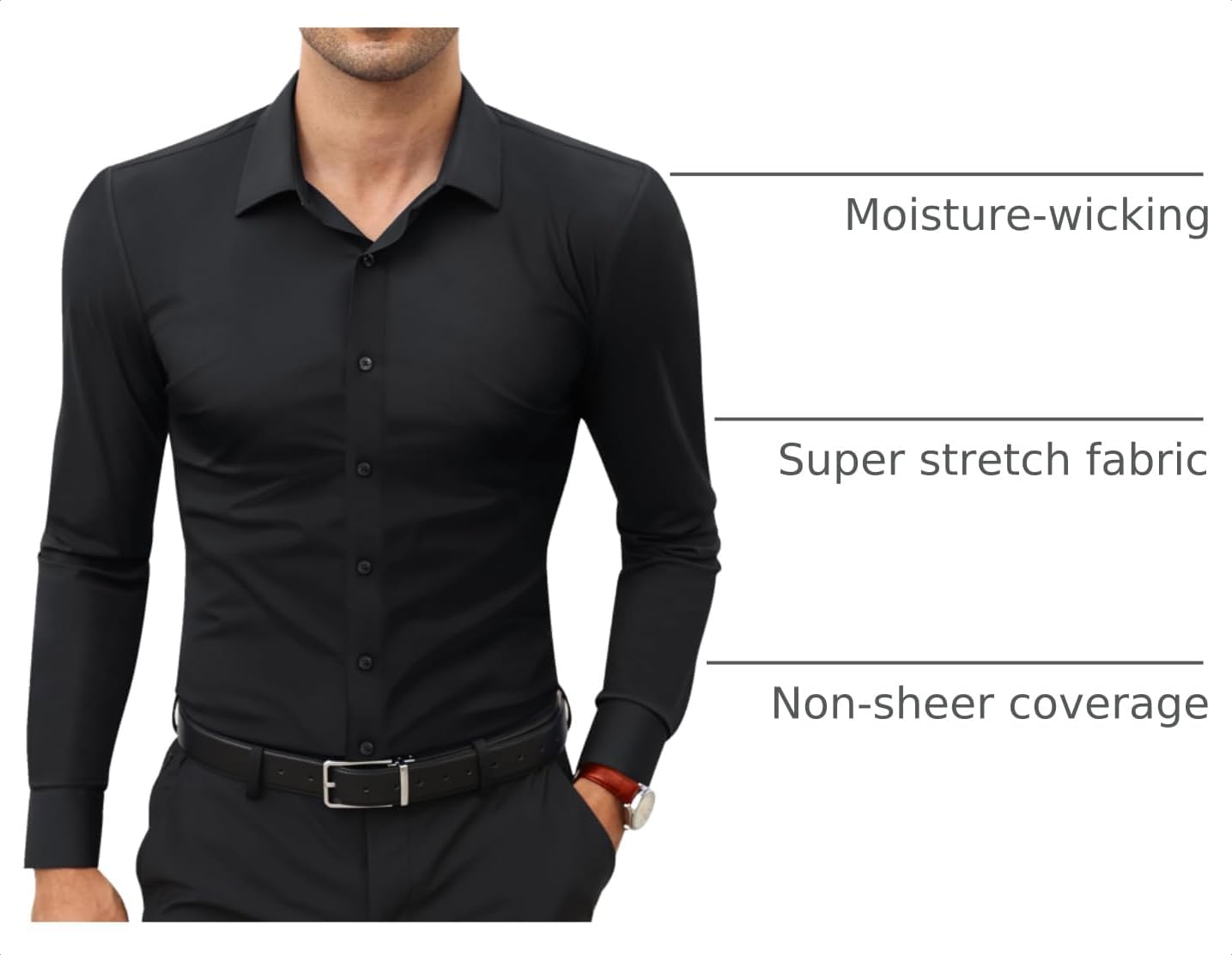 HOTLion Nardo Stretch Mens Dress Shirts Long Sleeve Slim Fit Dress Shirts for Men Muscle Fit Wrinkle Free Button Down Shirt
