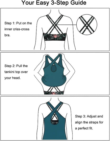 HOTWomen's 3 Piece Tankini Swimsuit Tummy Control Bathing Suit with Boy Shorts | Modest Swimwear, Athletic Style, Sports Bra Support, Crisscross Back, High-Waist Fit, Multi-Way Styling, Stretch Fabric