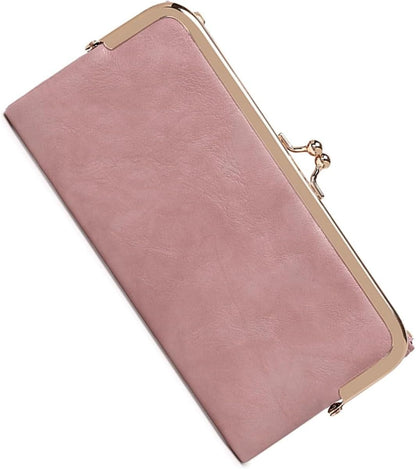 HOTCharming Vintage Inspired Genuine Leather Kiss Lock Clutch Purse for Women with Spacious Bifold Card Organization (Pink)