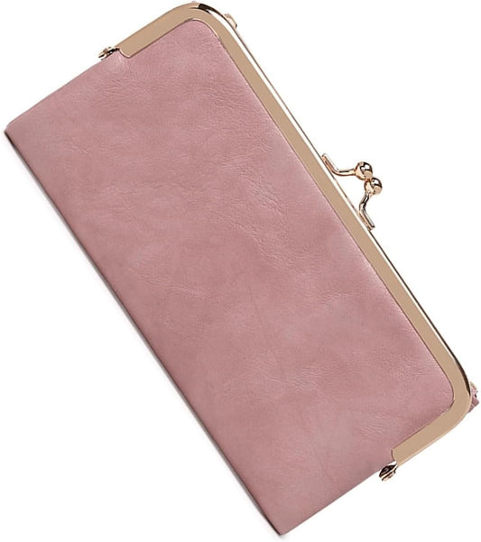 HOTCharming Vintage Inspired Genuine Leather Kiss Lock Clutch Purse for Women with Spacious Bifold Card Organization (Pink)