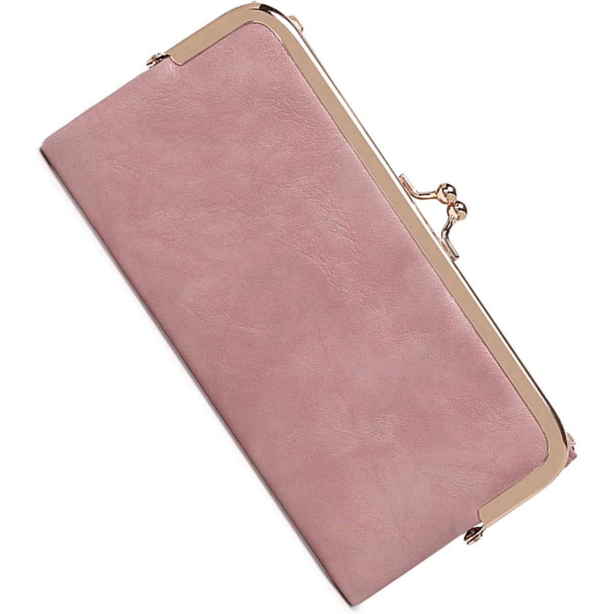 HOTCharming Vintage Inspired Genuine Leather Kiss Lock Clutch Purse for Women with Spacious Bifold Card Organization (Pink)