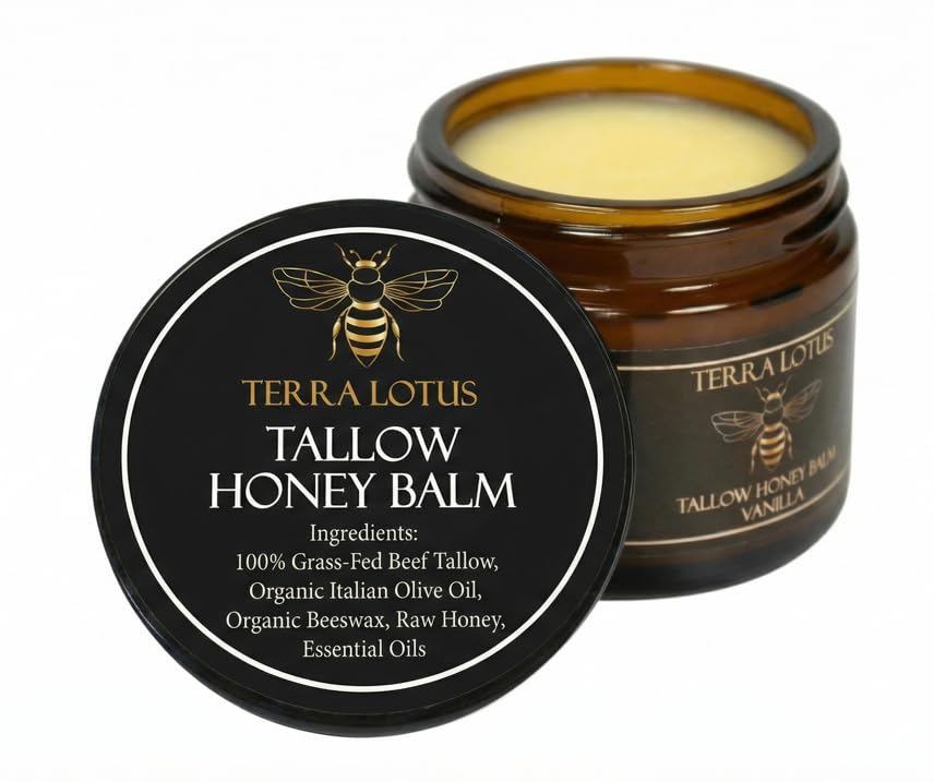HOTTerra Lotus - Organic Grass-Fed Beef Tallow Balm with Raw Honey - Moisturizing Cream - Handmade All-Natural Moisturizer (2 Oz, Unscented)