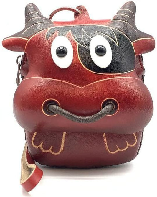 HOTVintage Genuine Leather 3D Animal Bull Coin Purse with keyring & Removable wrist strap (Red)