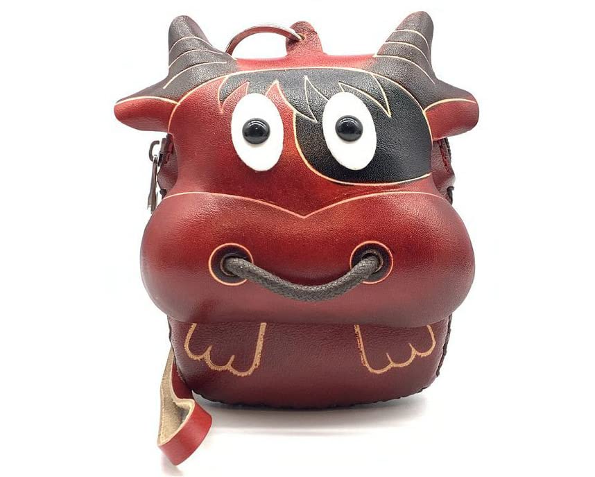 HOTVintage Genuine Leather 3D Animal Bull Coin Purse with keyring & Removable wrist strap (Red)