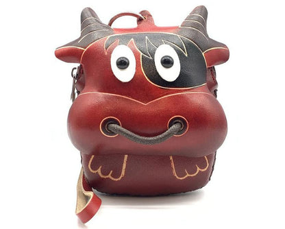 HOTVintage Genuine Leather 3D Animal Bull Coin Purse with keyring & Removable wrist strap (Red)