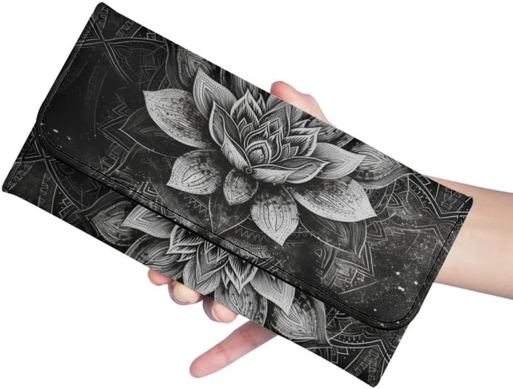 HOTLotus Mandala Women PU Leather Tri-fold Wallets Black And White Sketch Flower Zipper Pocket Buckle Money Manager Starry Sky Tall Billfold Secretary Cash Wallet