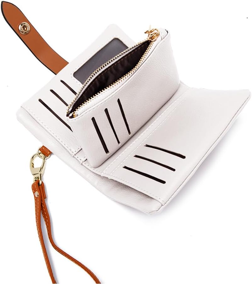 HOTWallets for Women Small Bifold Rfid Leather Ladies Wallets,Compact Wristlet Womens Billfold,Trifold Card Holder with Multi Credit Card Slot Zipper Coin Pocket and Wrist Strap(White)
