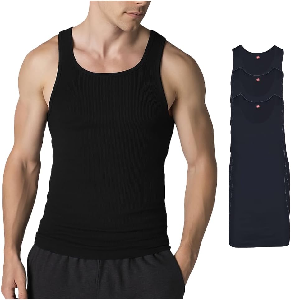 HOTHanes Men’s Tall 100% Cotton Ribbed Tank Tagless Undershirts, Multipack