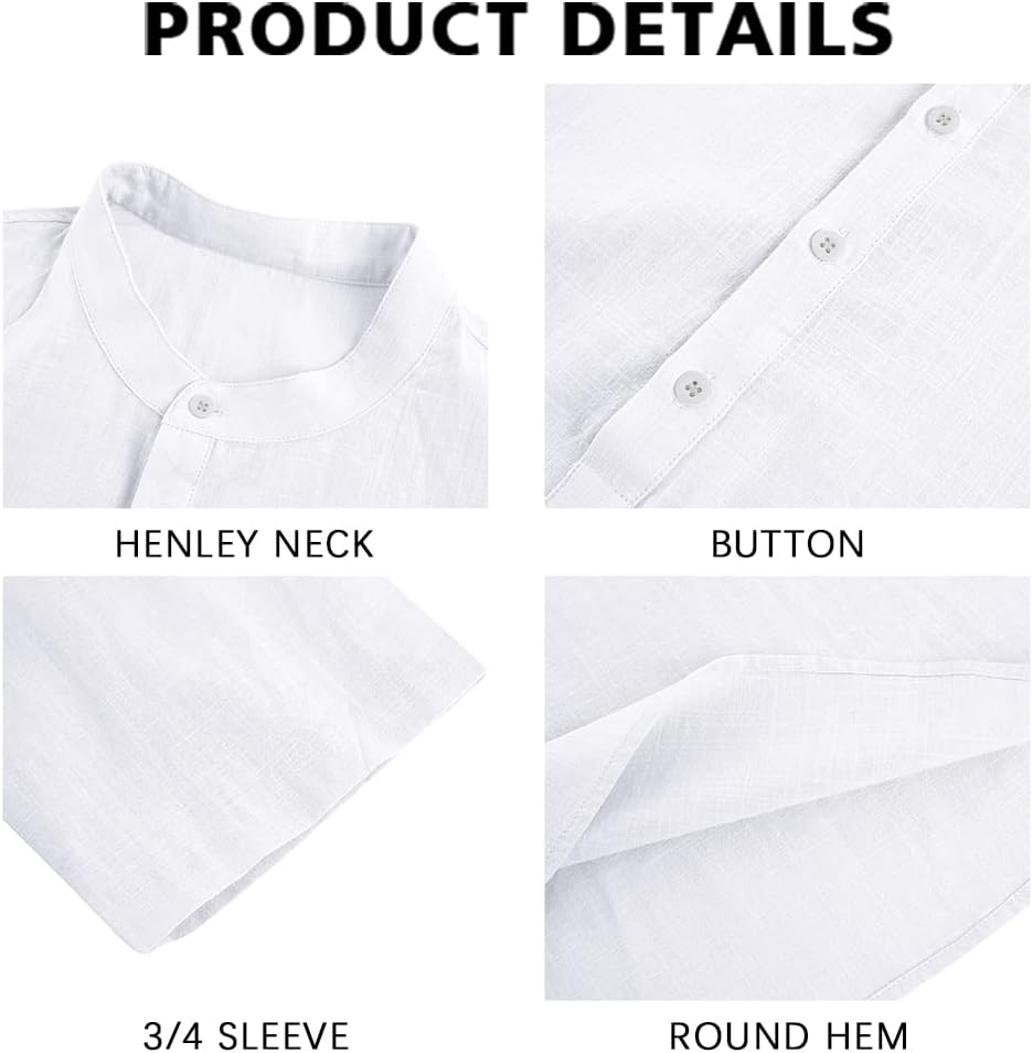 HOTRyannology Mens Linen Shirts Casual Cotton 3/4 Sleeve Regular-Fit Henley T-Shirt Summer Lightweight Beach Yoga Tops