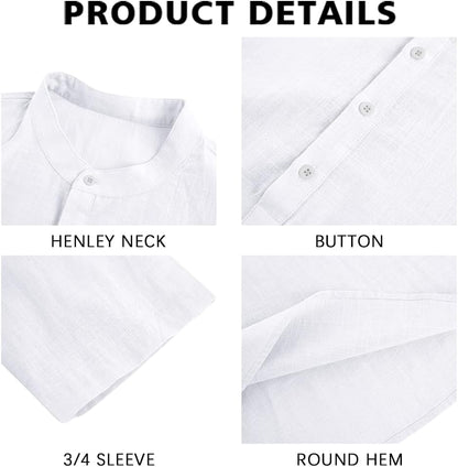 HOTRyannology Mens Linen Shirts Casual Cotton 3/4 Sleeve Regular-Fit Henley T-Shirt Summer Lightweight Beach Yoga Tops