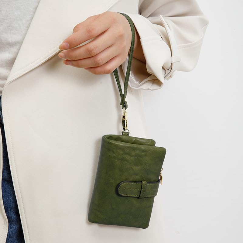 HOTWallets for Women Small Leather Rfid Ladies Wallets Bifold Medium Billfolds for Women Compact Trifold Wristlet with Wrist Strap Coin purse Card holder (Green)