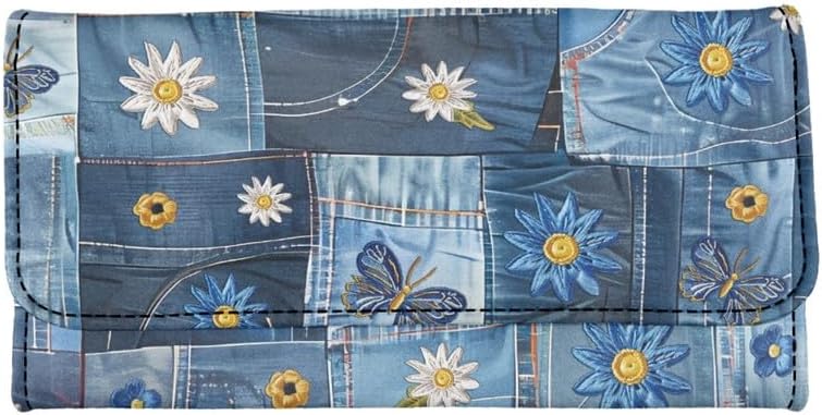 HOTNovelty Jeans Print Womens Wallets Leather Clutch, Vintage Denim Block Patch Design Long Wallet for Women Blue Credit Card Holder with Coin Purse ID Window