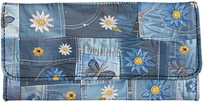 HOTNovelty Jeans Print Womens Wallets Leather Clutch, Vintage Denim Block Patch Design Long Wallet for Women Blue Credit Card Holder with Coin Purse ID Window
